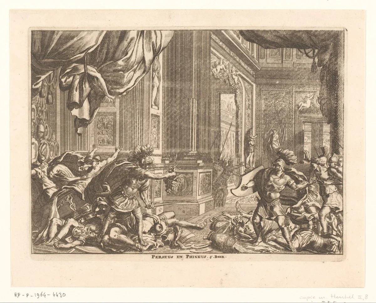 Phineus verstoort de bruiloft van Perseus en Andromeda by anonymous, print, 1628-1682