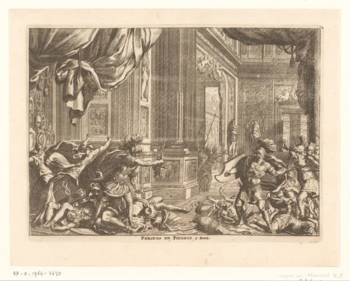 Phineus verstoort de bruiloft van Perseus en Andromeda by anonymous, print, 1628-1682