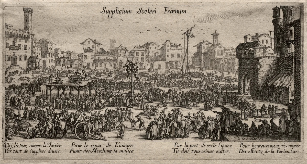 Supplicium sceleri Fraenum (The Punishments) by Jacques Callot, print, 1629-1639