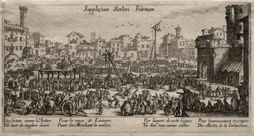 Supplicium sceleri Fraenum (The Punishments) by Jacques Callot, print, 1629-1639