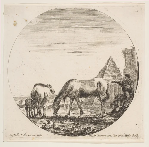 The pyramid of Caius Cestius at right in the background, a horse grazing at center, a foal suckling a mare at left, two shepherds at right, plate 11 from "Roman landscapes and ruins" (Paysages et ruines de Rome) by Stefano della Bella, print, 1641-1651