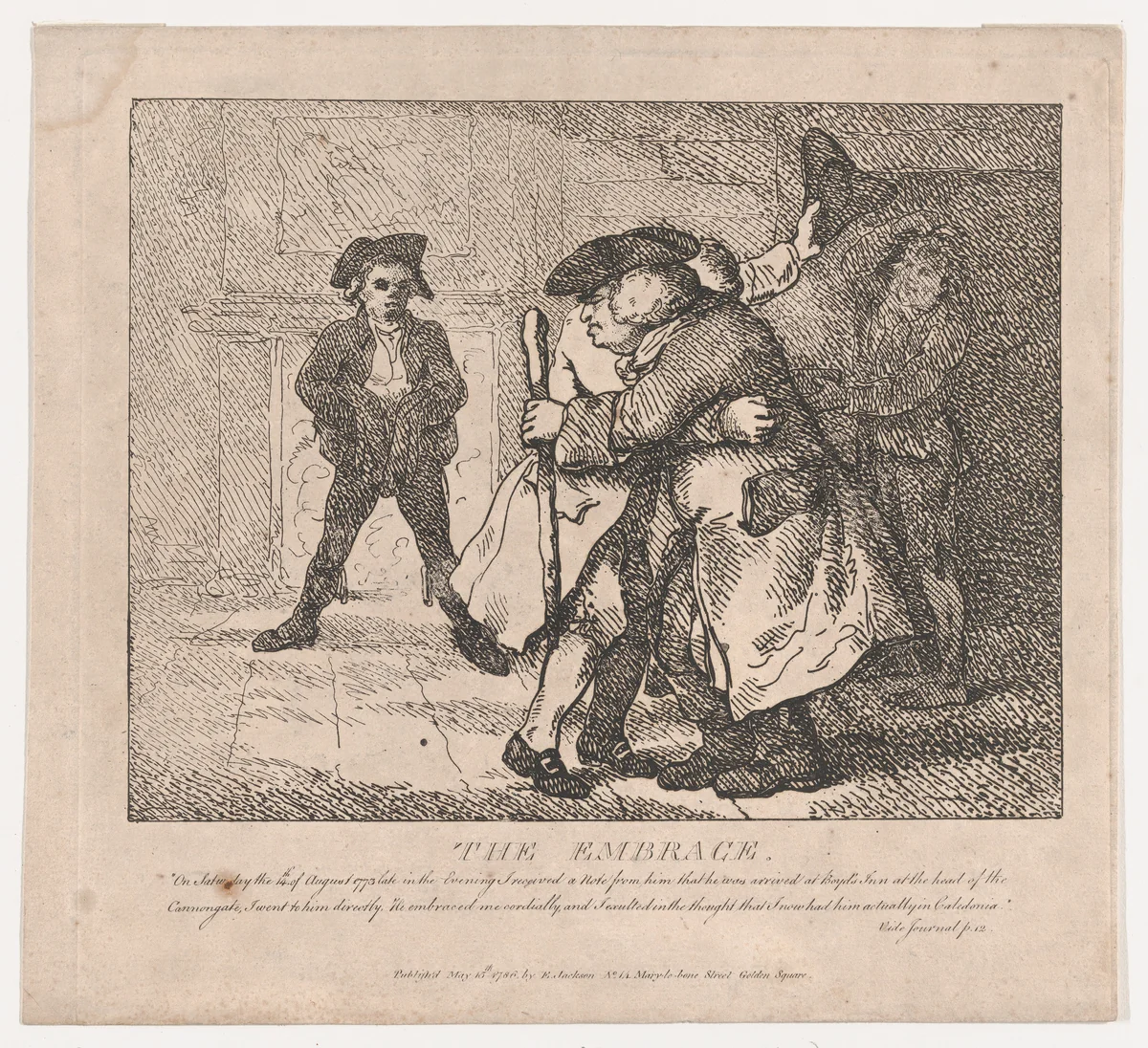The Embrace (Picturesque Beauties of Boswell, Part the First) by Thomas Rowlandson, print, 1786