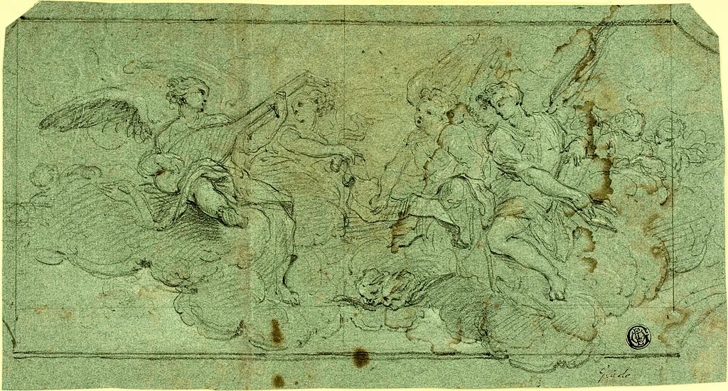 Musician Angels in Clouds (recto); Seated Cleric (verso) by Guido Reni, drawing, 1600-1699