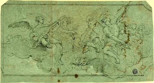 Musician Angels in Clouds (recto); Seated Cleric (verso) by Guido Reni, drawing, 1600-1699
