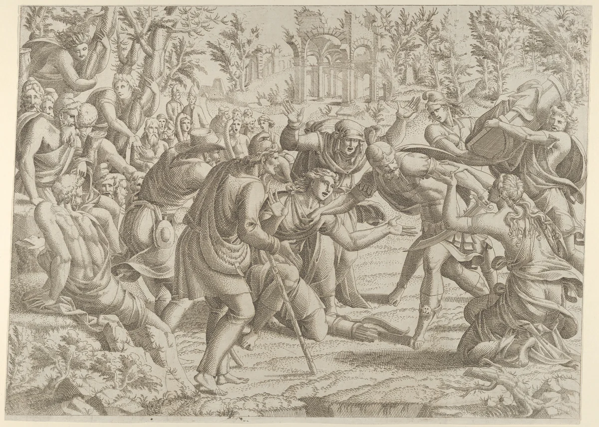 Cassandra Stopping Deiphobus from Killing Paris by Jean Mignon, print, 1535-1555