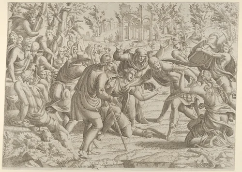 Cassandra Stopping Deiphobus from Killing Paris by Jean Mignon, print, 1535-1555