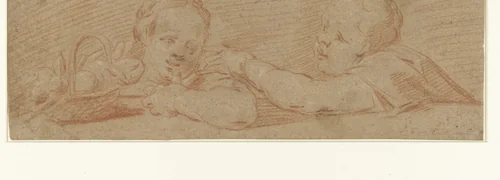 Twee spelende kinderen met fruitmand by anonymous, drawing, 1700-1800