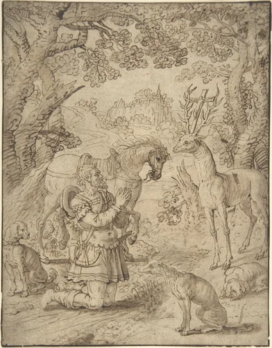 The Vision of St. Eustace by anonymous, drawing, 1600-1699