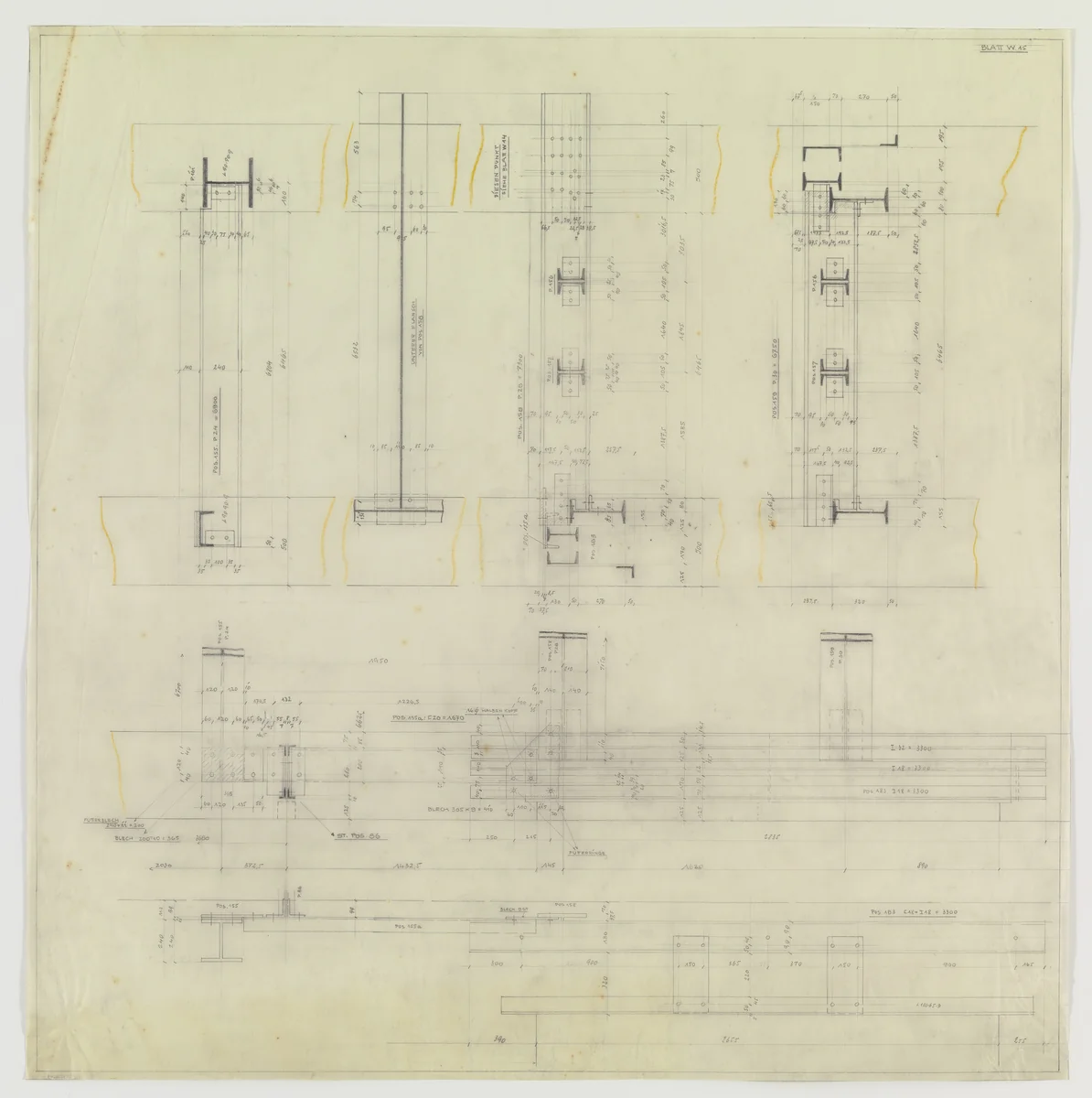 Hermann Lange House, Krefeld, Germany (Framing system. Joining detail sections.) by Ludwig Mies van der Rohe, mies van der rohe archive, 1927