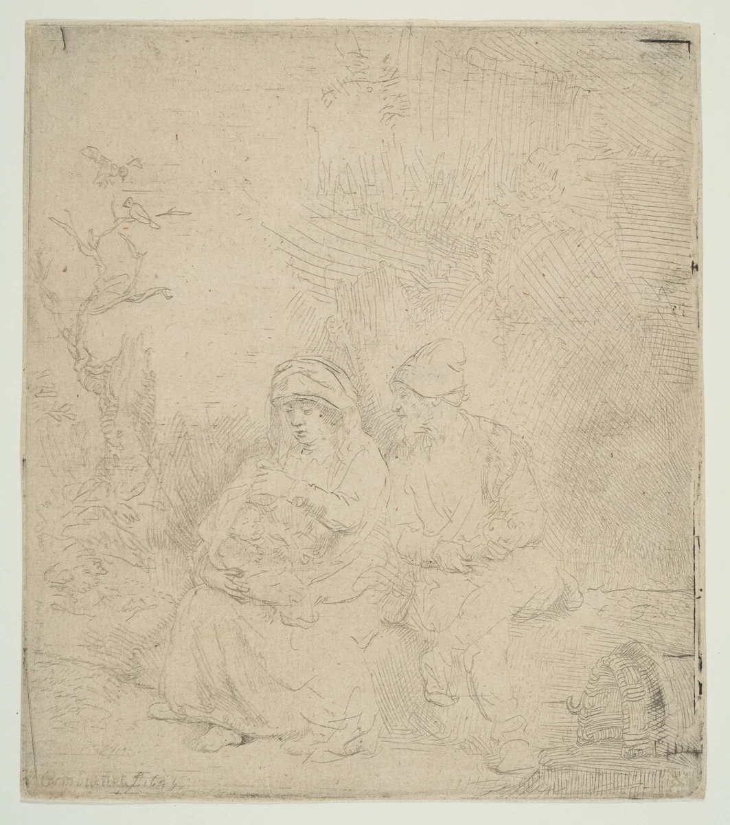 The Rest on the Flight into Egypt; lightly etched by Rembrandt van Rijn, print, 1645