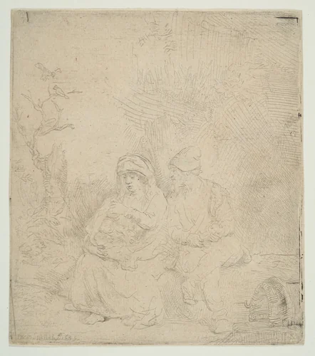 The Rest on the Flight into Egypt; lightly etched by Rembrandt van Rijn, print, 1645