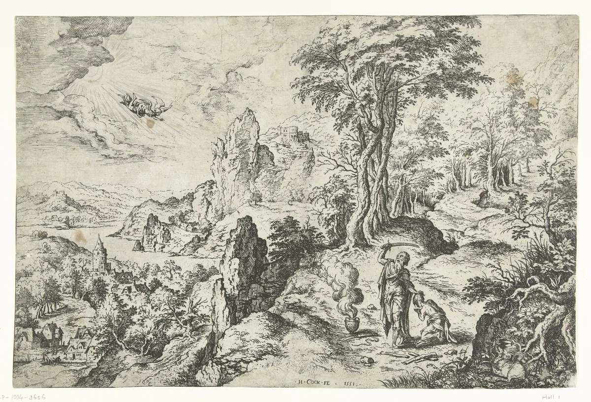 Landschap met het offer van Isaak by Unknown, print, 1551
