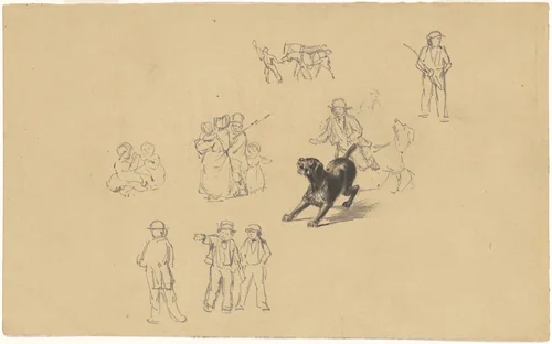 Barking Dog and Studies for "Militia Training" by James Goodwyn Clonney, drawing, 1836-1846