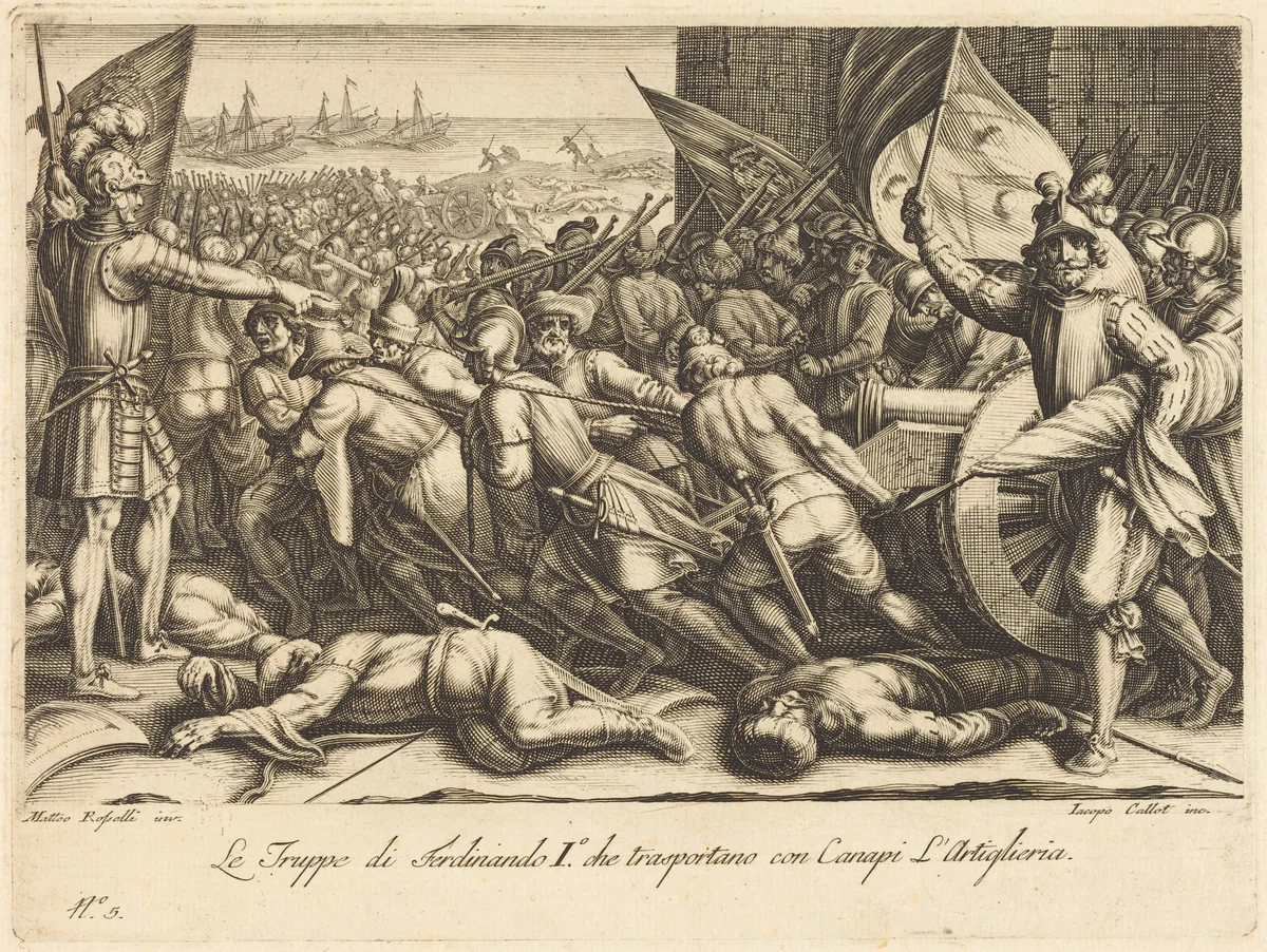 The Re-embarkation of the Troops by Jacques Callot, print, 1614