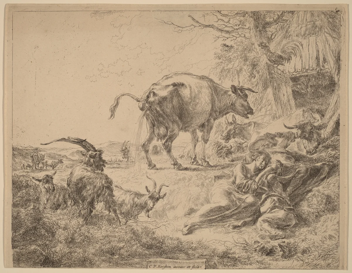 Cow Pissing by Nicolaes Pietersz Berchem, print, 1620-1683