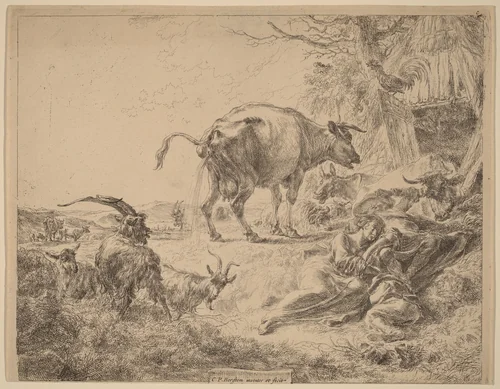 Cow Pissing by Nicolaes Pietersz Berchem, print, 1620-1683