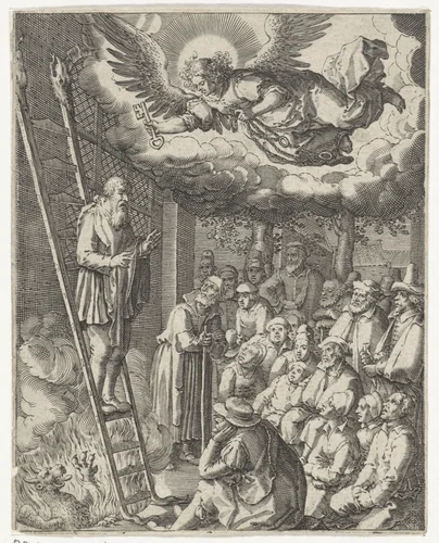 Scène uit de Apocalyps (Apoc. 20:1-3) by Pieter Serwouters, print, 1601-1657