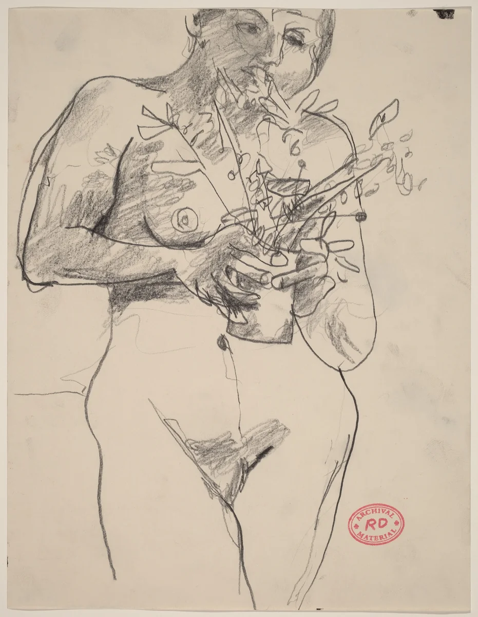 Untitled [female nude holding plants] by Richard Diebenkorn, drawing, 1955-1967