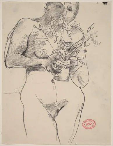 Untitled [female nude holding plants] by Richard Diebenkorn, drawing, 1955-1967