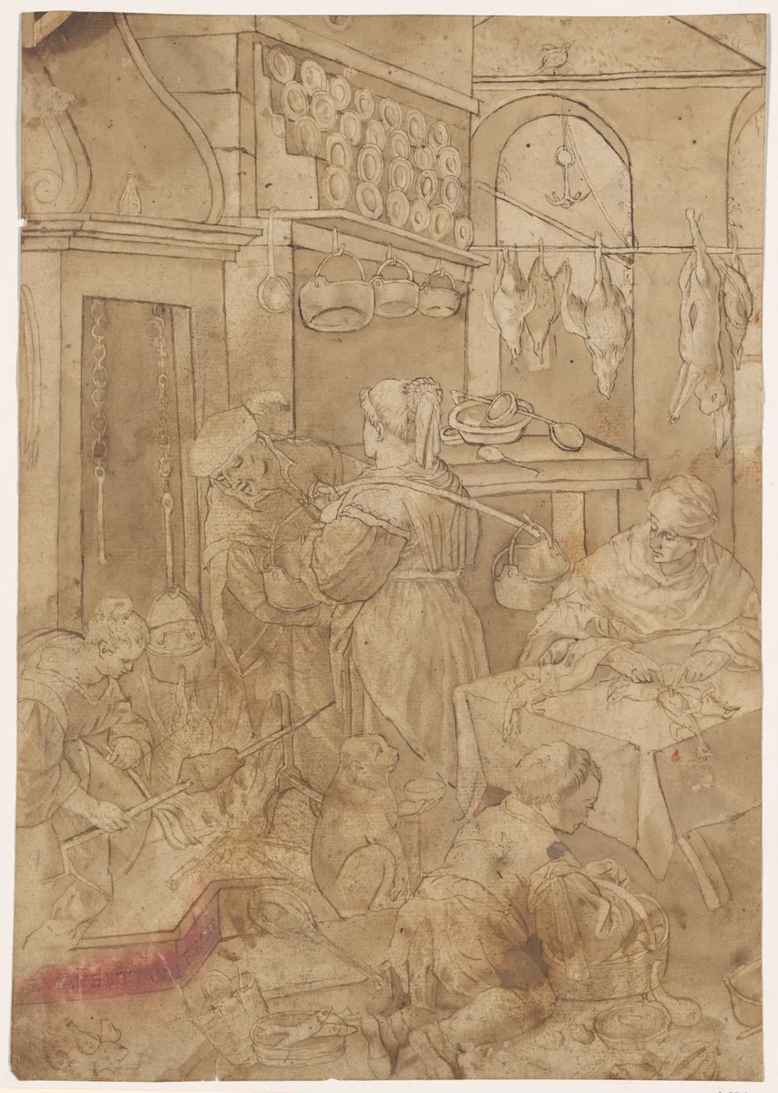 Kitchen Scene by Leandro Bassano, drawing, 1571-1600