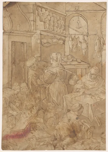 Kitchen Scene by Leandro Bassano, drawing, 1571-1600