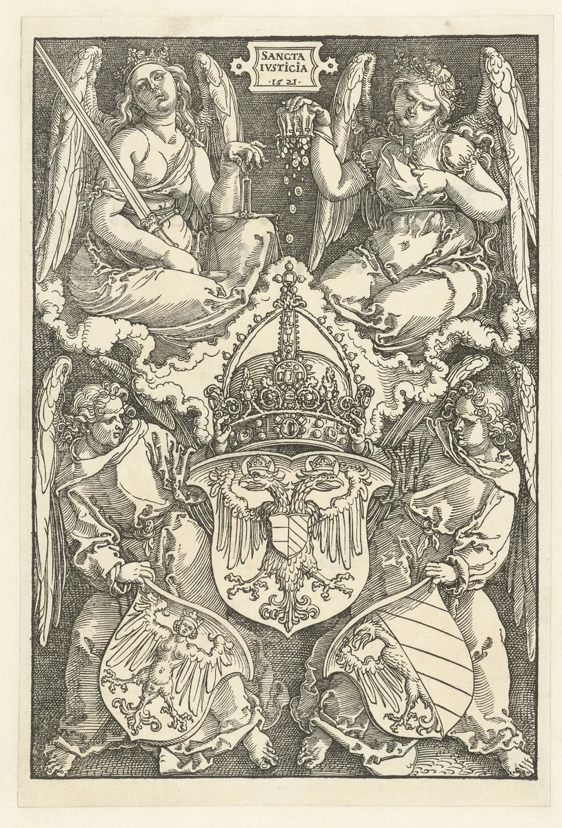 Allegorie met het wapenschild van het keizerrijk en twee wapenschilden van de stad Neurenberg by Albrecht Dürer, print, 1521