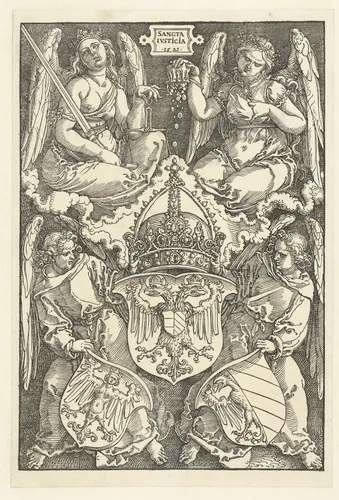 Allegorie met het wapenschild van het keizerrijk en twee wapenschilden van de stad Neurenberg by Albrecht Dürer, print, 1521