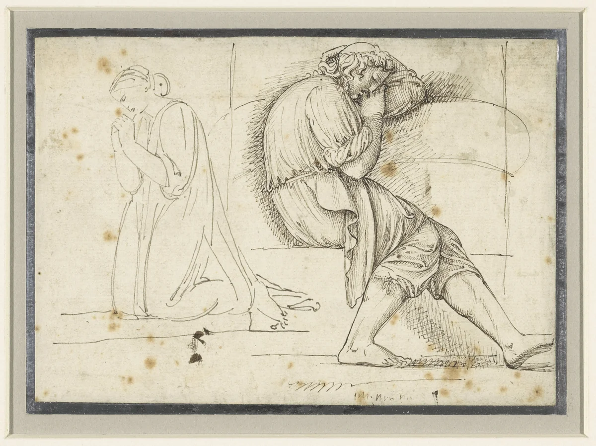 Studieblad met een slapende jongeman en een geknield biddende vrouw by John Flaxman, drawing, 1765-1826