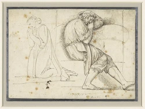 Studieblad met een slapende jongeman en een geknield biddende vrouw by John Flaxman, drawing, 1765-1826