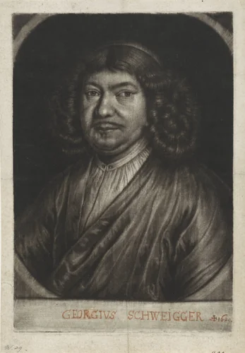 Portret van de beeldhouwer Georg Schweigger by Jan van Somer, print, 1689-1700