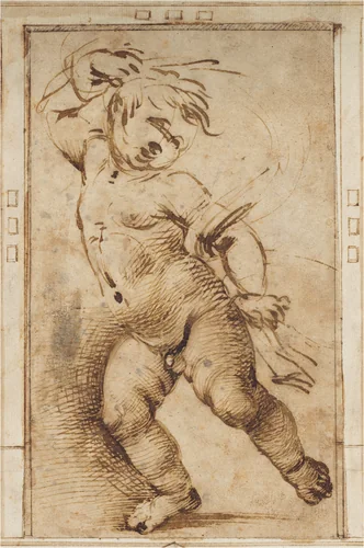 Dancing Putto Holding a Drapery by Filippino Lippi, drawing, 1493-1497