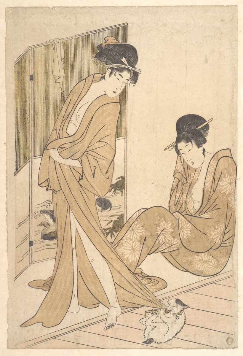 Two Young Women Wrapped in Yukata After a Bath by Kitagawa Utamaro (喜多川歌麿), print, 1786-1806