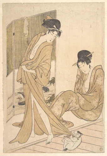 Two Young Women Wrapped in Yukata After a Bath by Kitagawa Utamaro (喜多川歌麿), print, 1786-1806