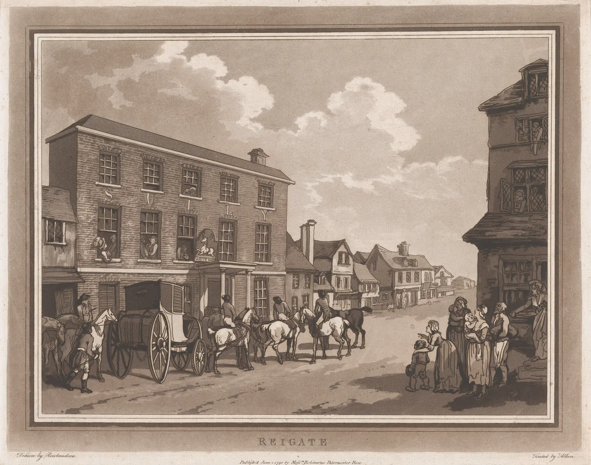Reigate (An Excursion to Brighthelmstone) by Thomas Rowlandson, print, 1790