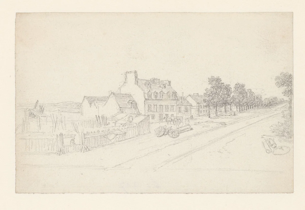 Huis met timmerwerf aan een straatweg by Georges Michel, drawing, 1773-1843