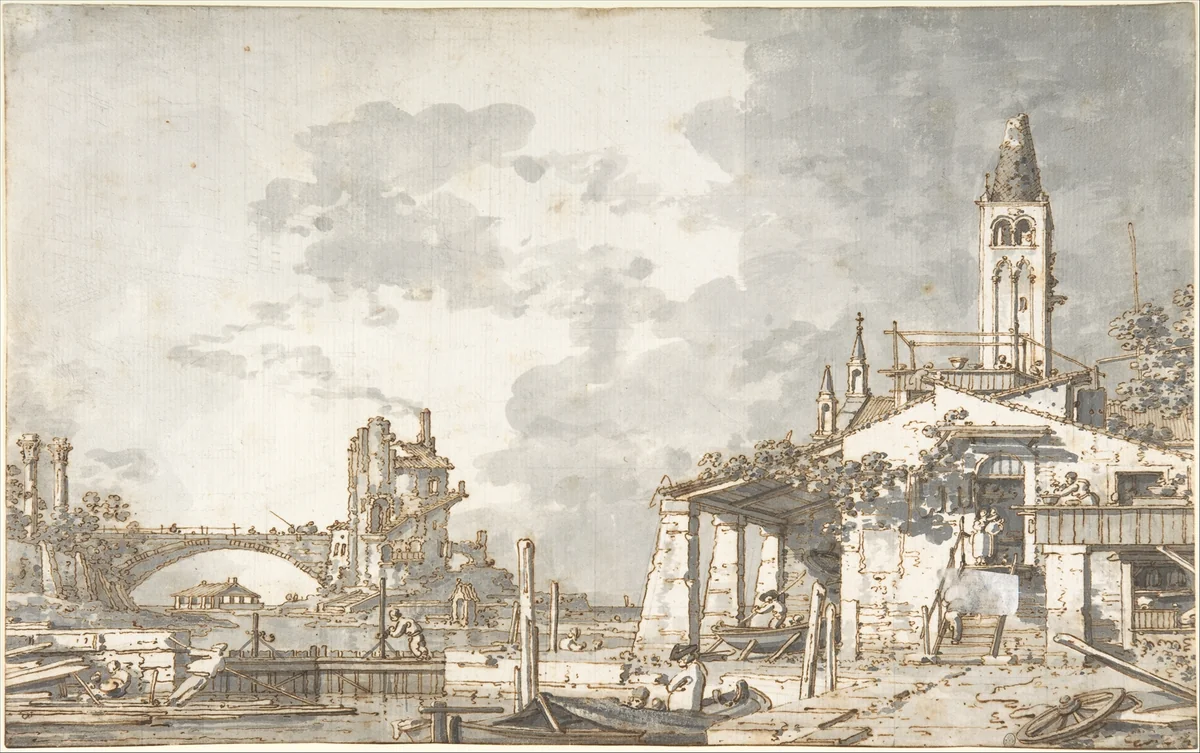 Lagoon Capriccio (recto); Architectural Scene (verso) by Canaletto, drawing, 1697-1768