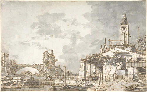 Lagoon Capriccio (recto); Architectural Scene (verso) by Canaletto, drawing, 1697-1768