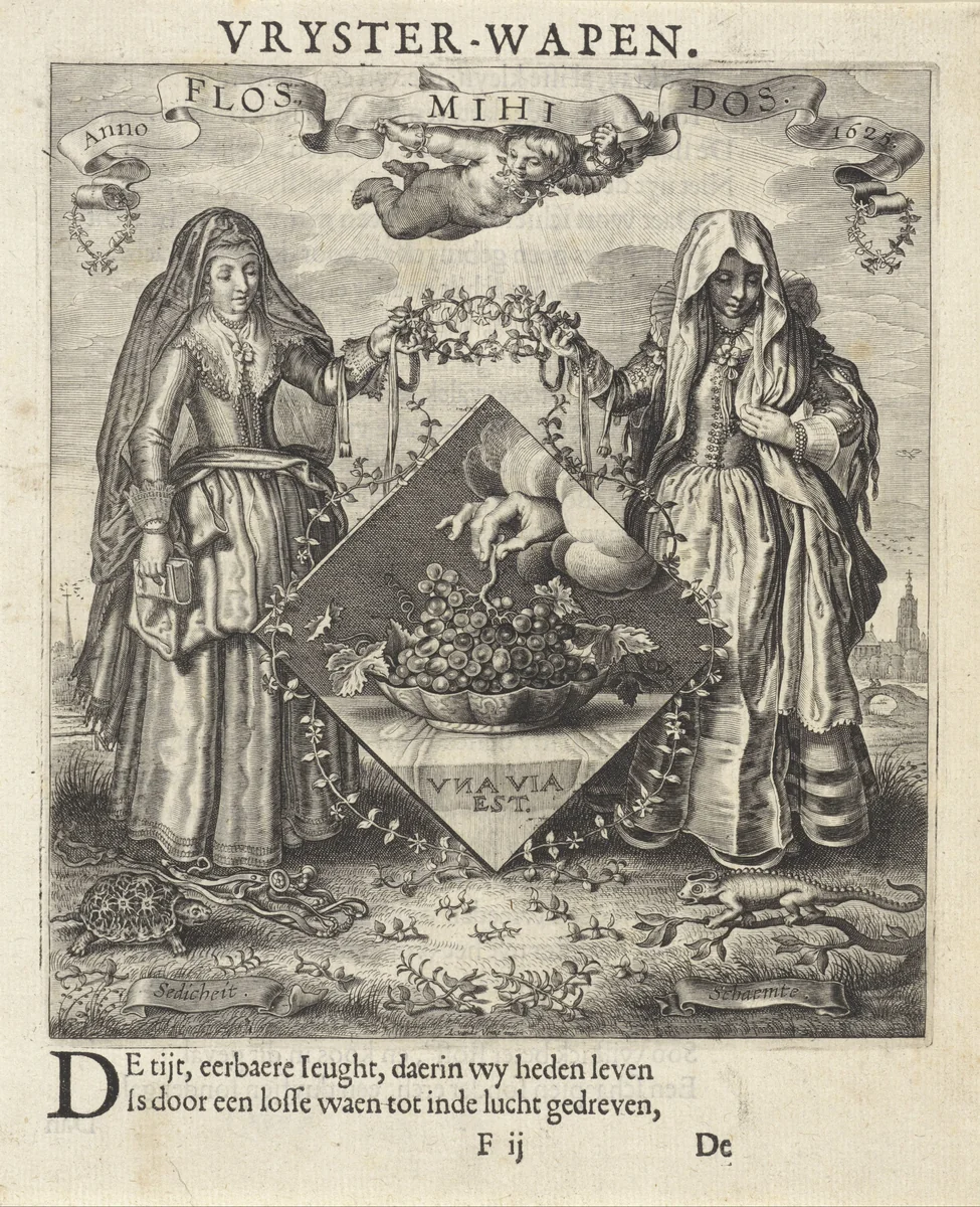 Twee vrouwen flankeren een embleem met een hand die een druiventros pakt by anonymous, print, 1625-1635