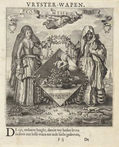 Twee vrouwen flankeren een embleem met een hand die een druiventros pakt by anonymous, print, 1625-1635