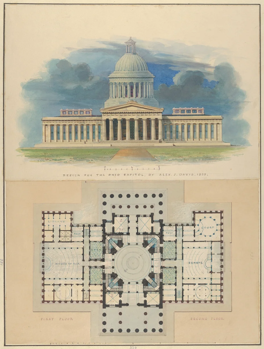 Design for the Capitol of Ohio, Columbus by Alexander Jackson Davis, drawing, 1839