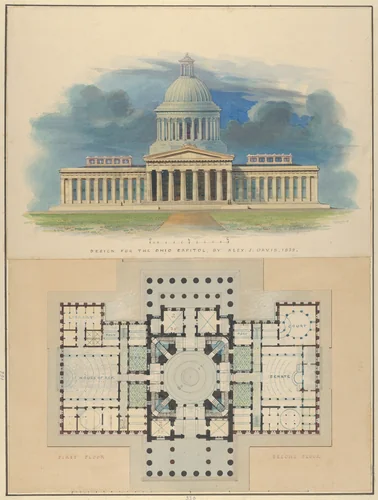 Design for the Capitol of Ohio, Columbus by Alexander Jackson Davis, drawing, 1839