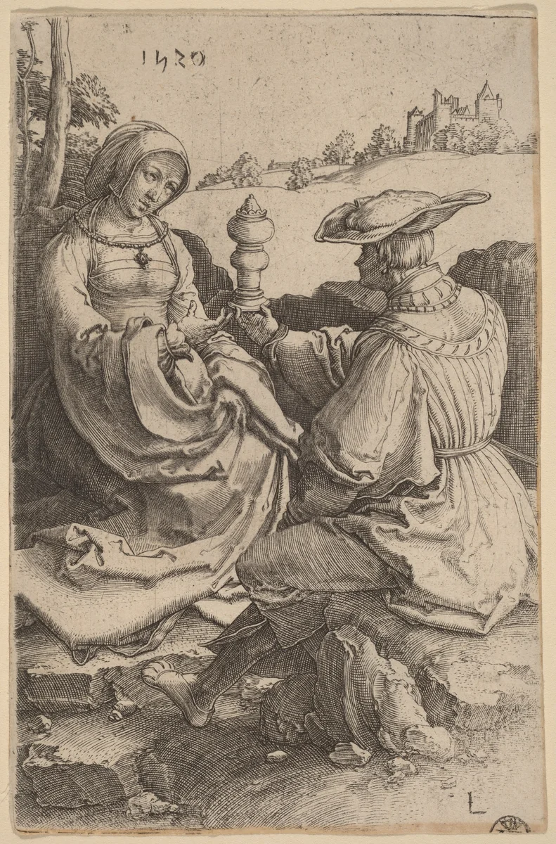 A Nobleman and a Lady Seated in a Landscape by Lucas van Leyden, print, 1520