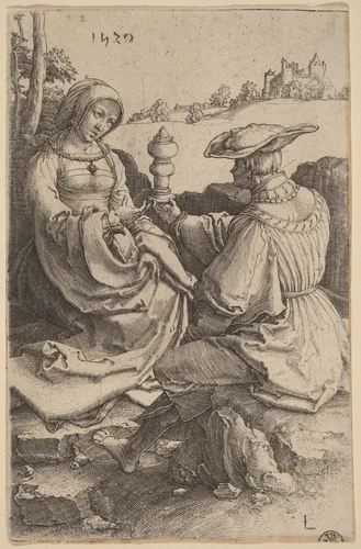 A Nobleman and a Lady Seated in a Landscape by Lucas van Leyden, print, 1520