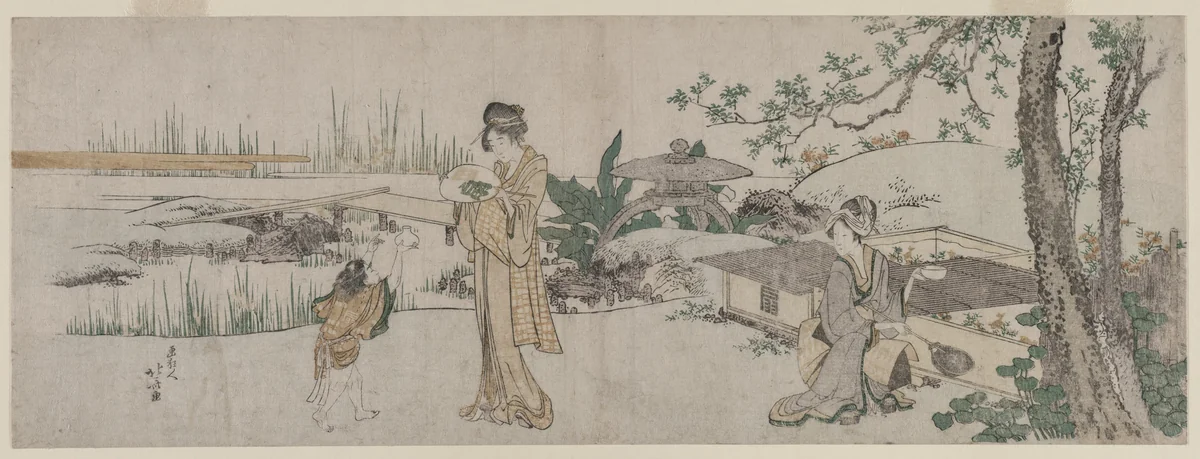 Two Women and a Child Beside a Goldfish Tank by Katsushika Hokusai (葛飾 北斎), print, 1795-1805