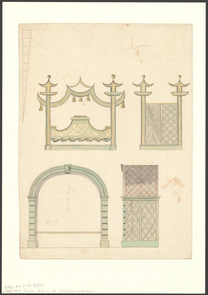 Compositie met elementen van de Turkse Tent bij de Watergraafsmeer by Jan Otto, drawing, 1750-1840