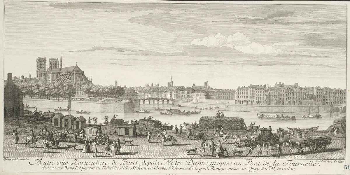 Autre Vue Particulière de Paris depuis Nôtre Dame, Jusques au Pont de la Tournelle by Jacques Rigaud, print, 1729