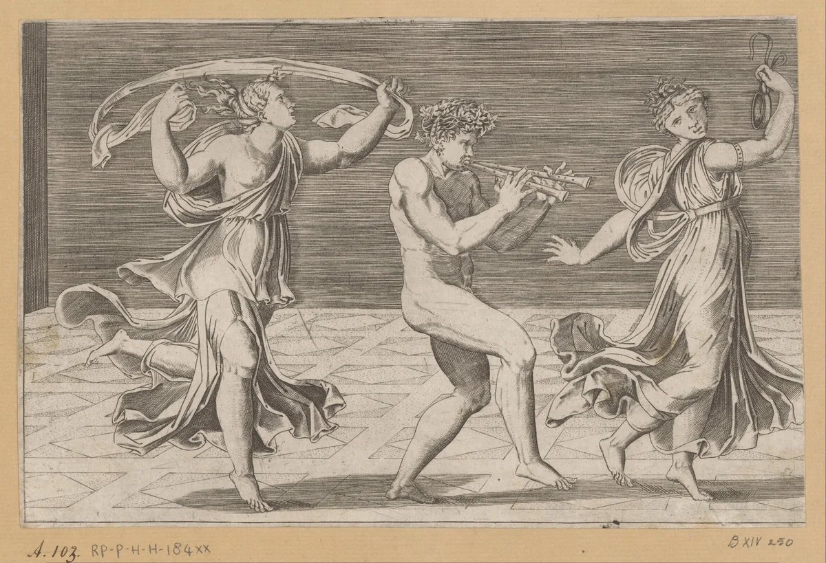 Dansende sater en maenaden by Agostino Veneziano, print, 1516