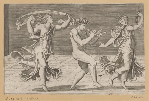 Dansende sater en maenaden by Agostino Veneziano, print, 1516