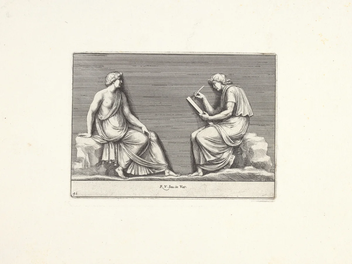 Zittende man en vrouw by Pietro Sante Bartoli, print, 1645-1700