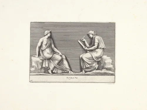 Zittende man en vrouw by Pietro Sante Bartoli, print, 1645-1700